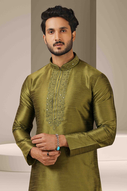 Men's Banarasi Art Silk Mirror Work Kurta Pajama In Green Colour