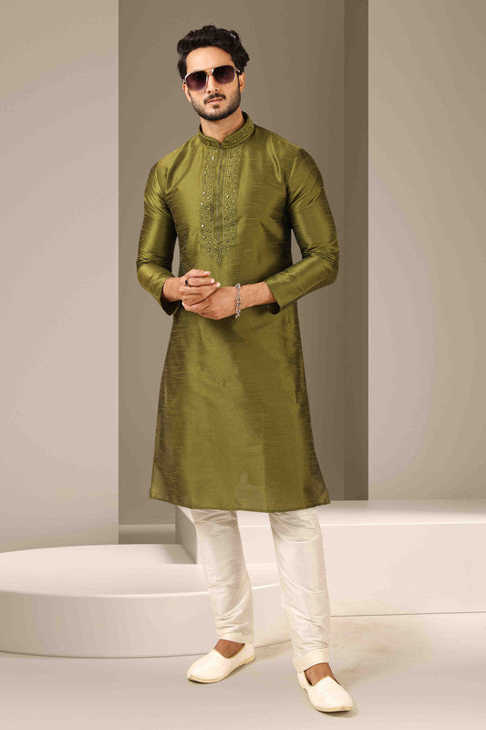 Men's Banarasi Art Silk Mirror Work Kurta Pajama In Green Colour