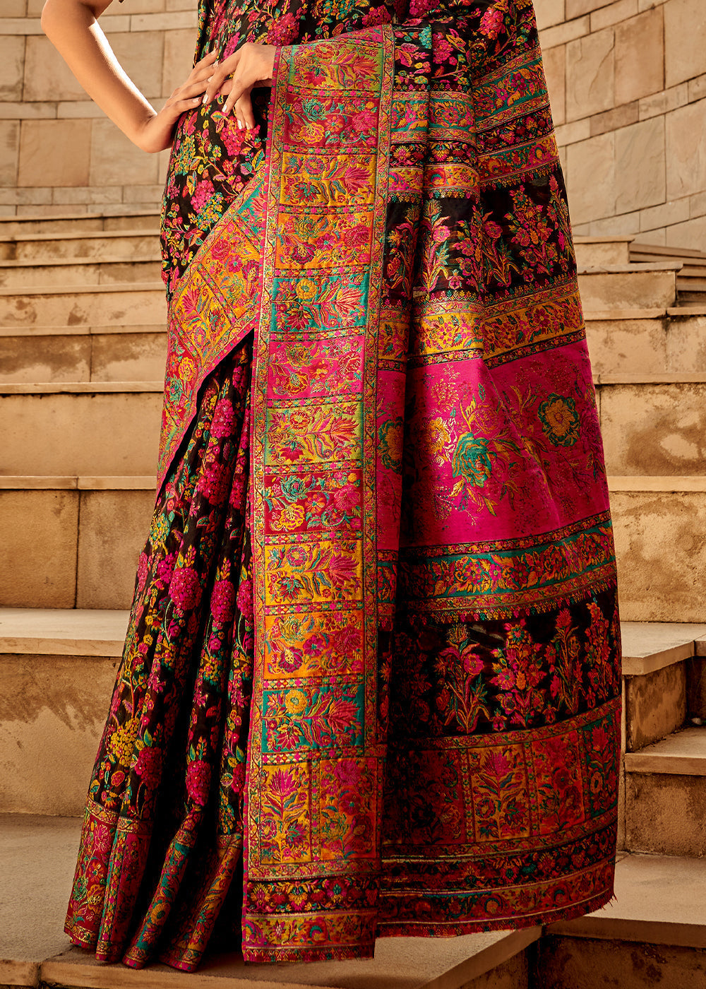 Onyx Black Woven Kashmiri Jamawar Silk Saree - qivii