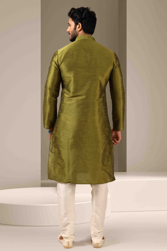 Men's Banarasi Art Silk Mirror Work Kurta Pajama In Green Colour