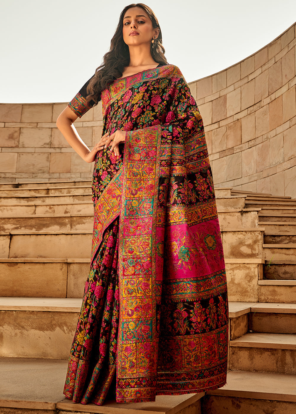 Onyx Black Woven Kashmiri Jamawar Silk Saree - qivii