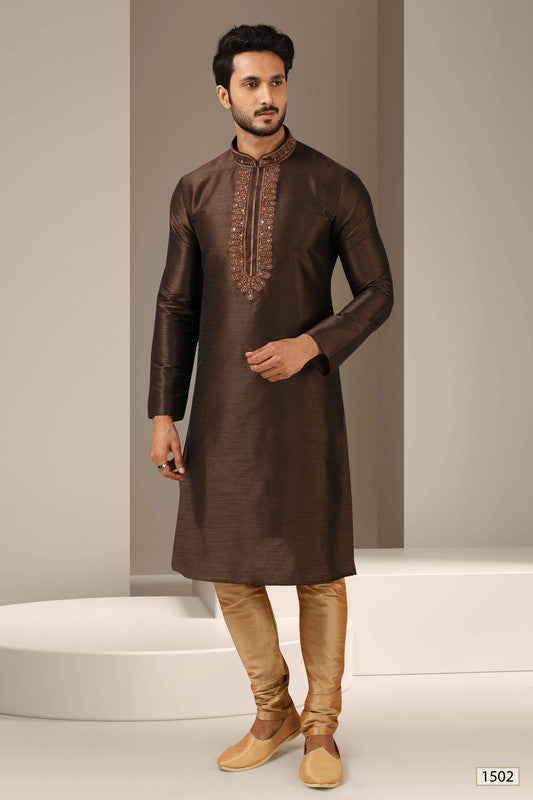 Men's Banarasi Art Silk Mirror Work Kurta Pajama In Brown Colour