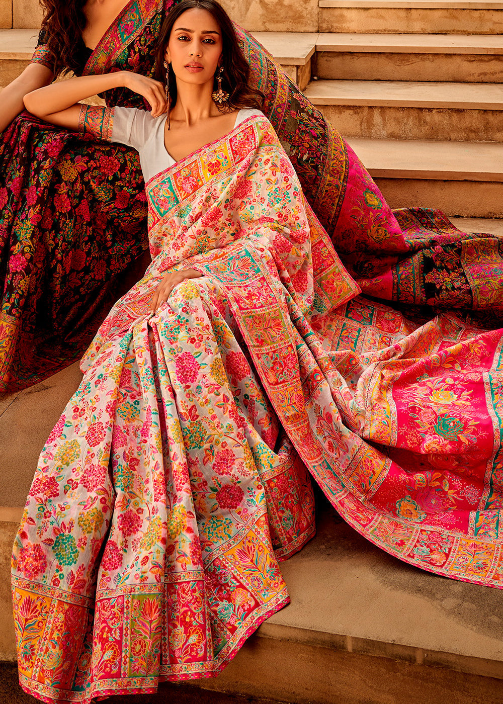 Daisy White Woven Kashmiri Jamawar Silk Saree - qivii