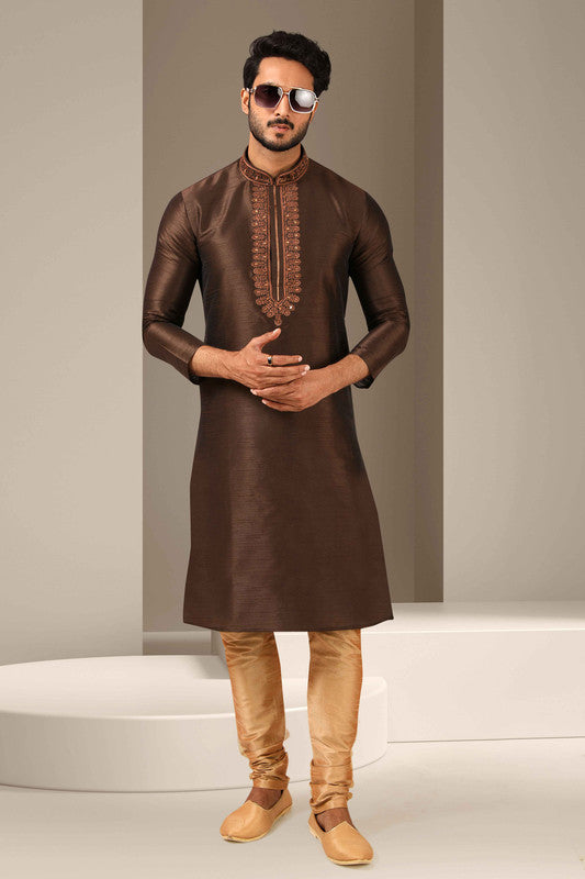 Men's Banarasi Art Silk Mirror Work Kurta Pajama In Brown Colour
