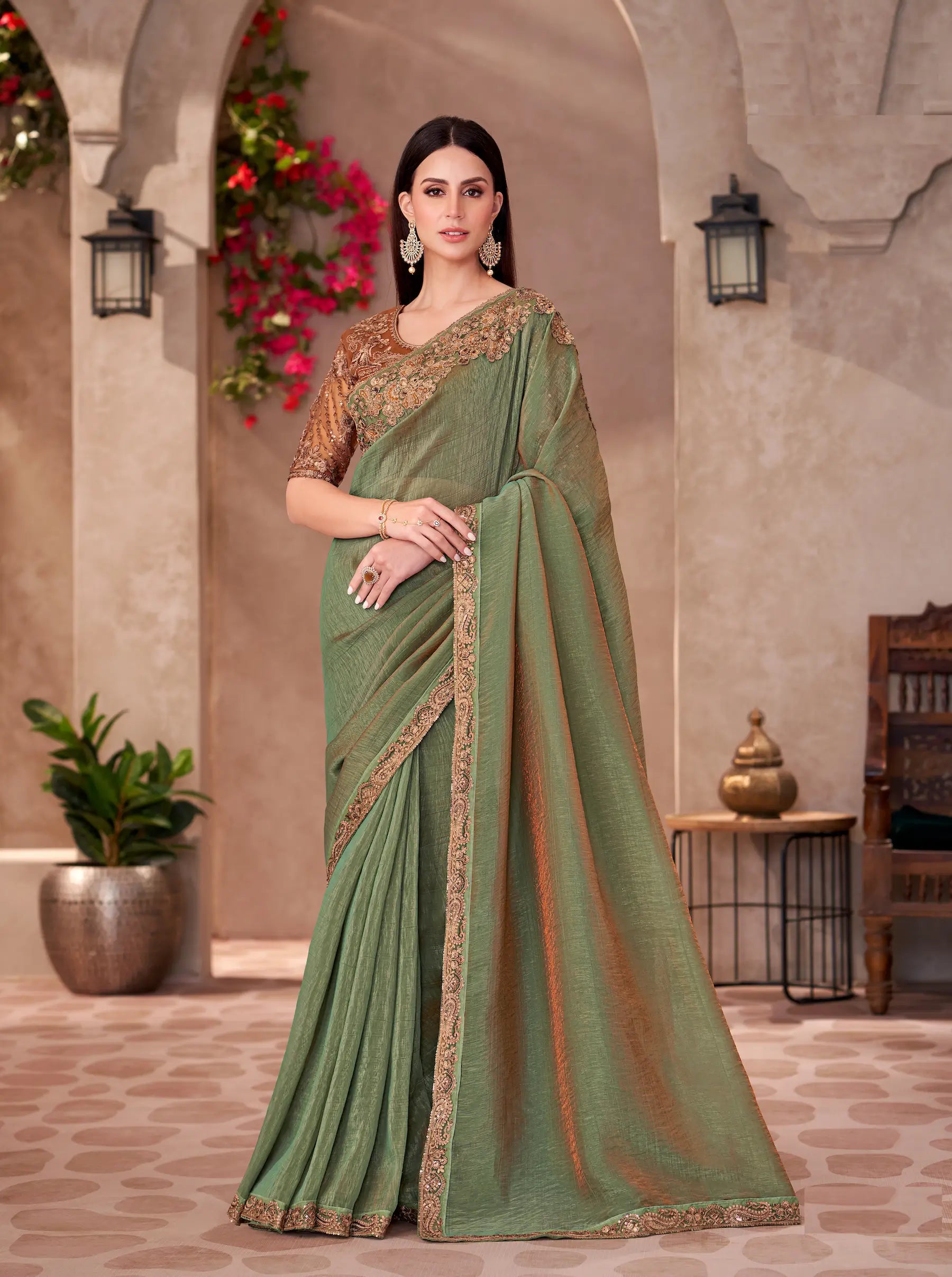 Sage Green Shine Georgette Embroidery Work Saree - qivii