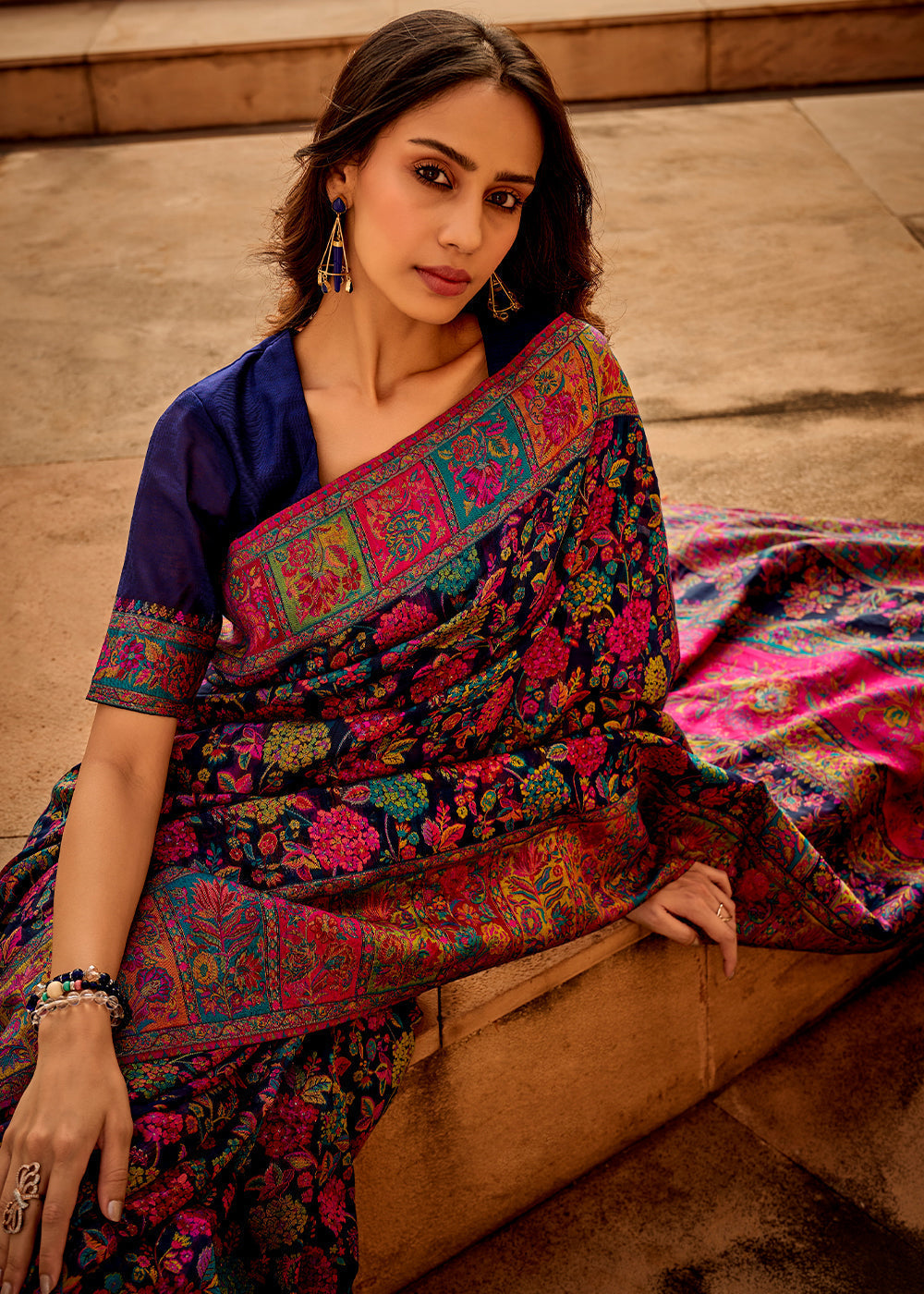 Navy Blue Woven Kashmiri Jamawar Silk Saree - qivii