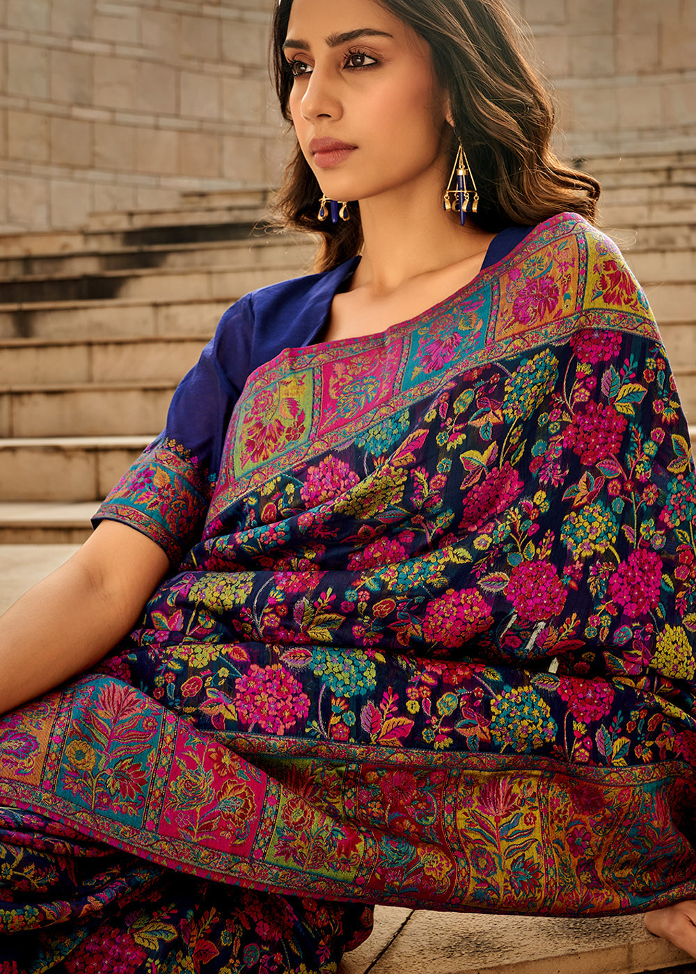 Navy Blue Woven Kashmiri Jamawar Silk Saree - qivii