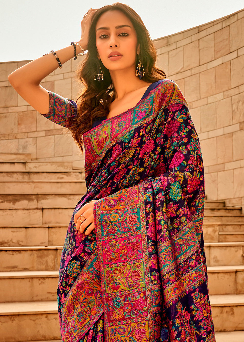 Navy Blue Woven Kashmiri Jamawar Silk Saree - qivii
