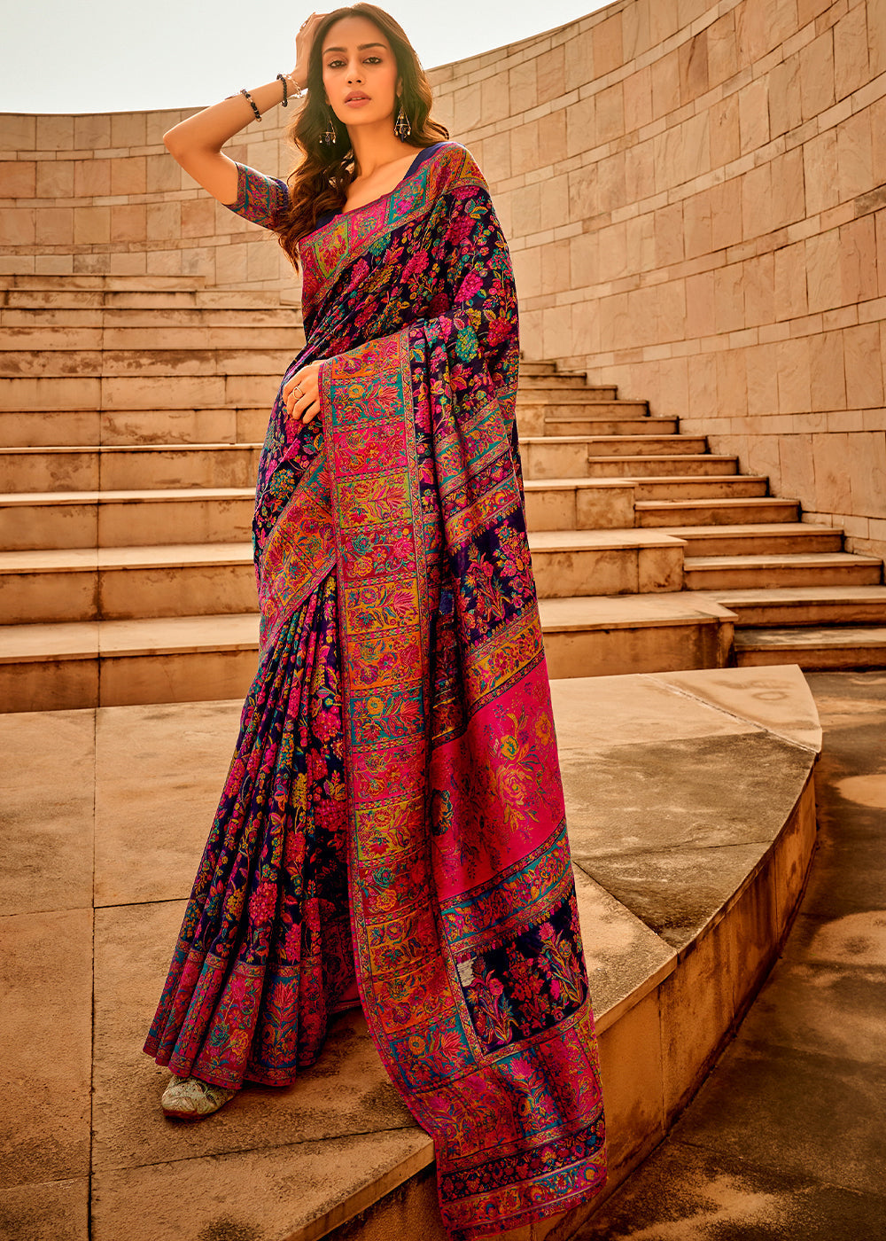 Navy Blue Woven Kashmiri Jamawar Silk Saree - qivii