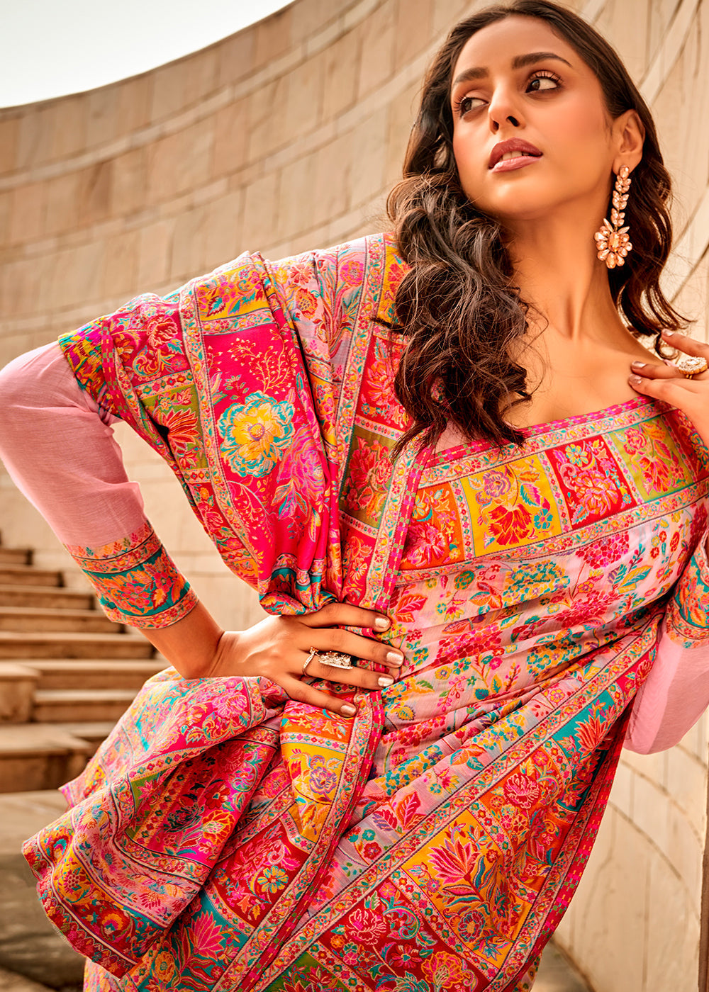 Light Baby Pink Woven Kashmiri Jamawar Silk Saree - qivii