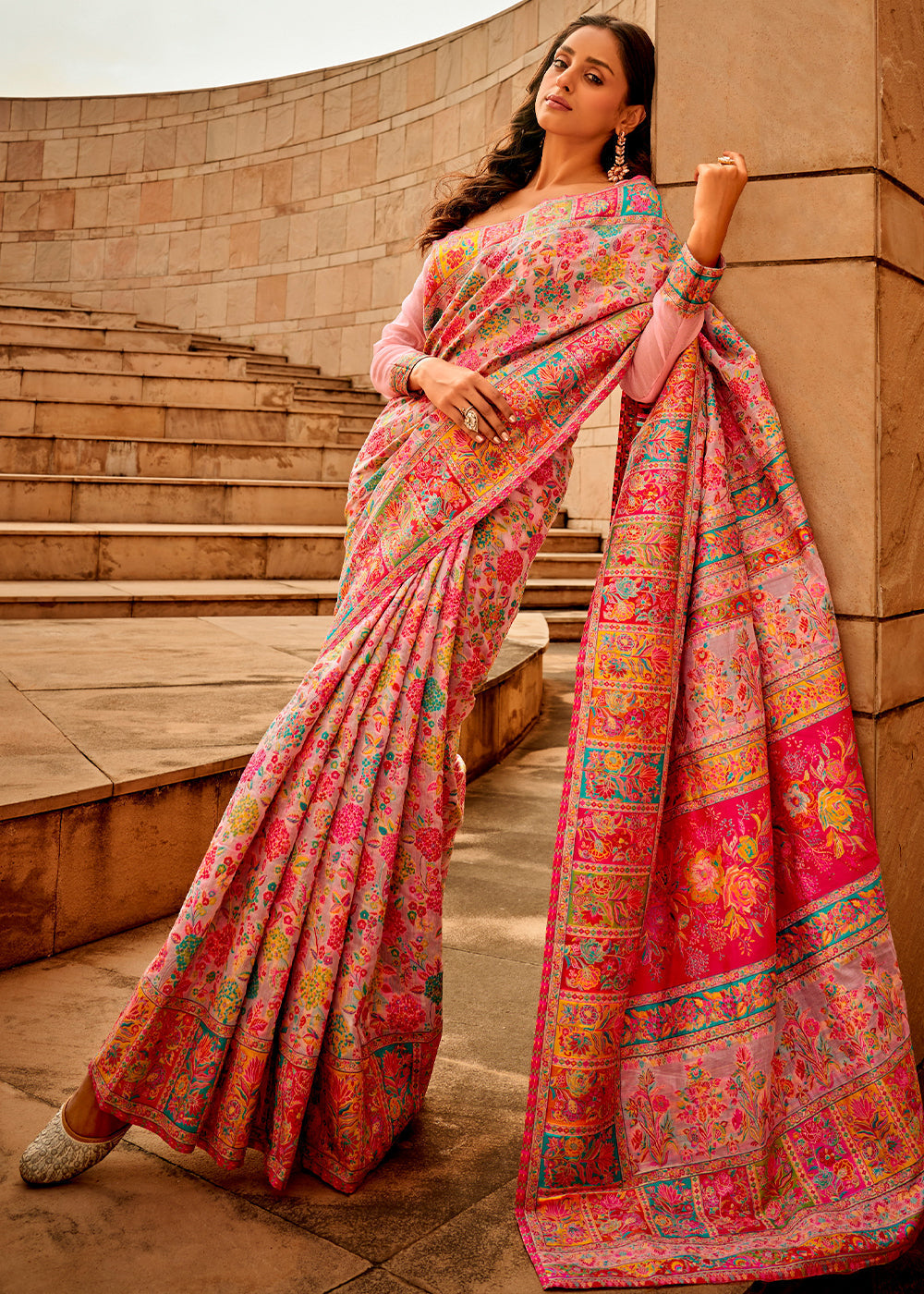Light Baby Pink Woven Kashmiri Jamawar Silk Saree - qivii