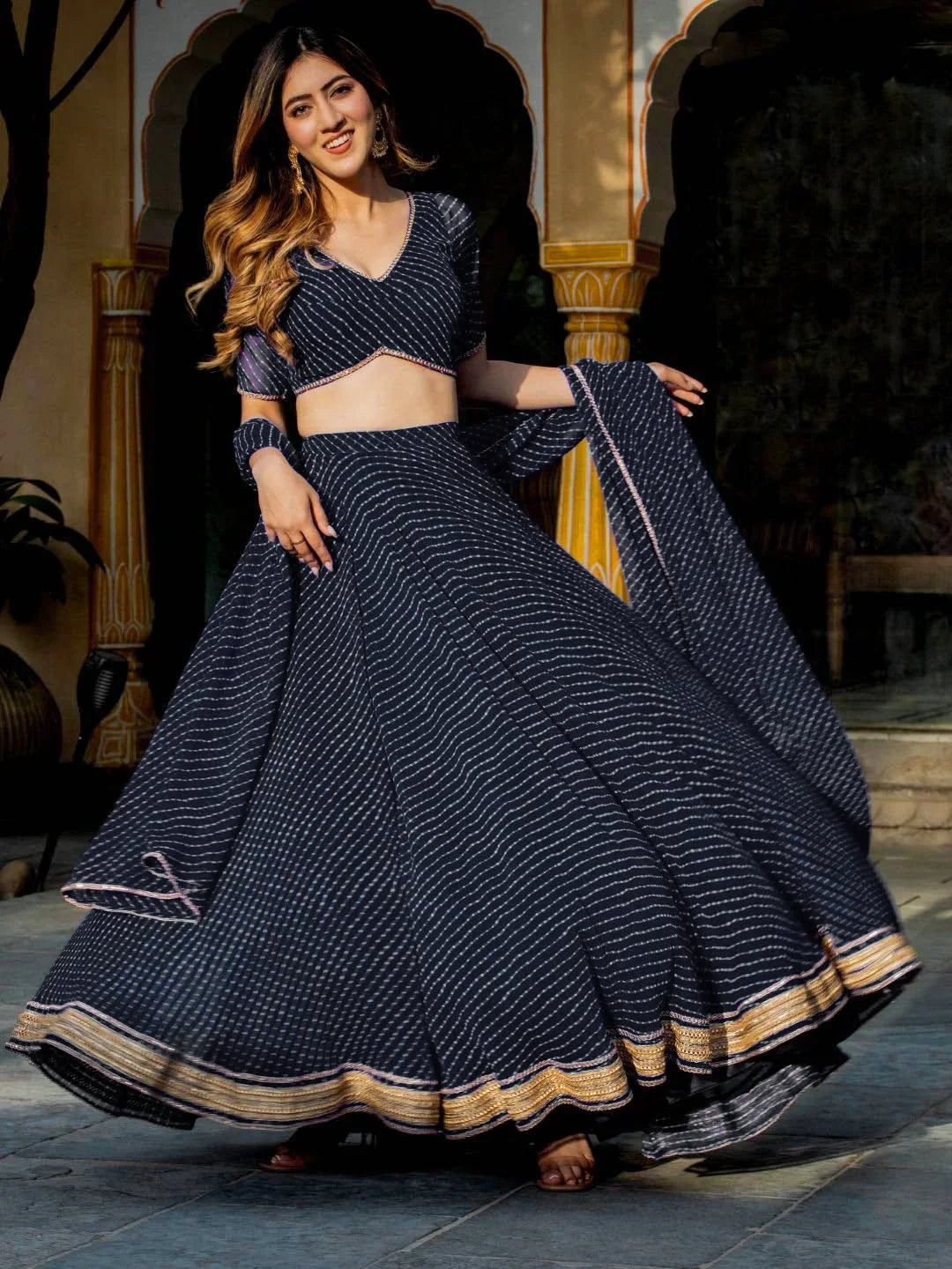 Black Georgette Leheriya Print Lehenga With Zari And Cording Lace Work | Ready To Wear - qivii
