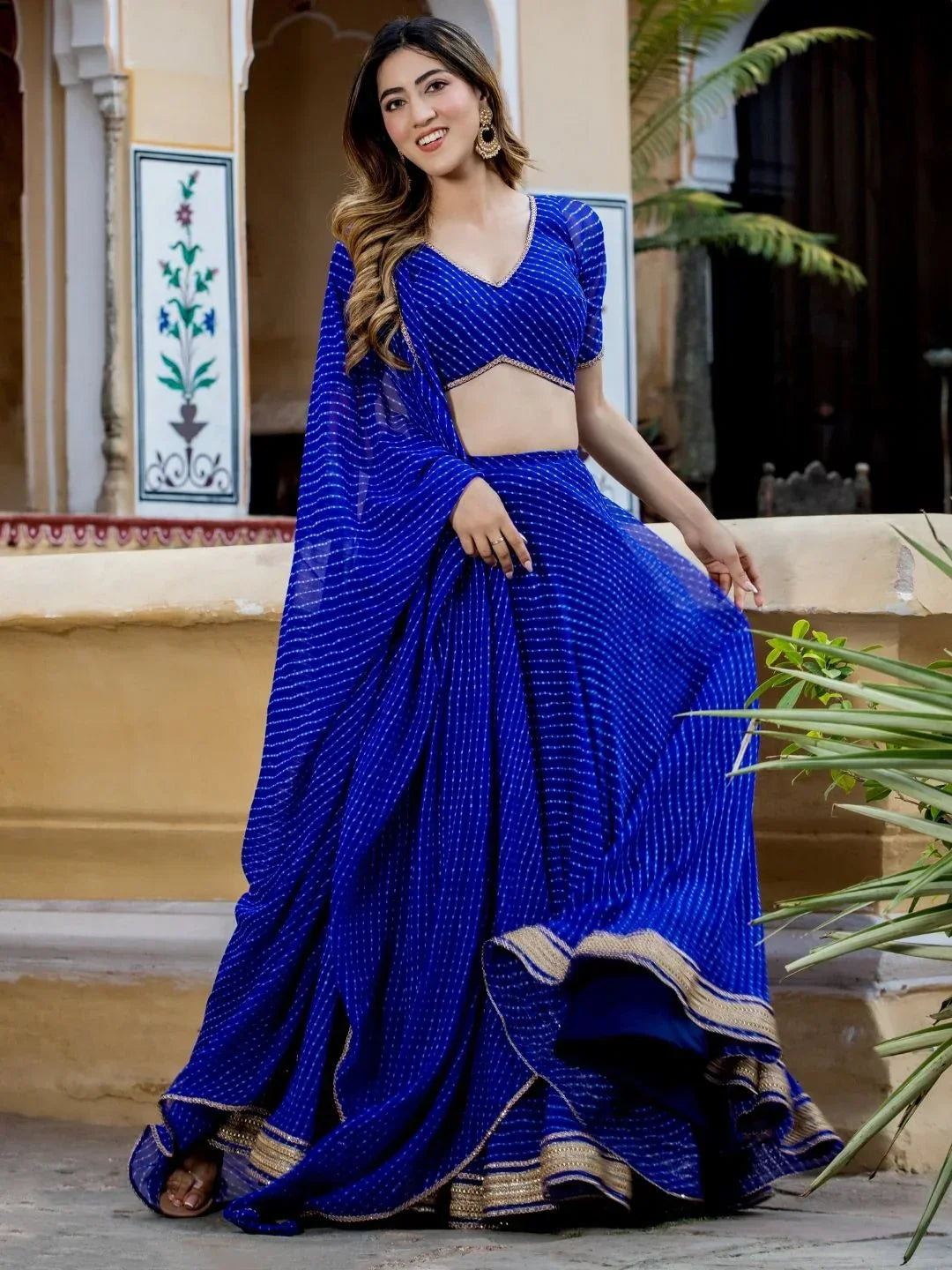 Blue Georgette Leheriya Print Lehenga With Zari And Cording Lace Work | Ready To Wear - qivii