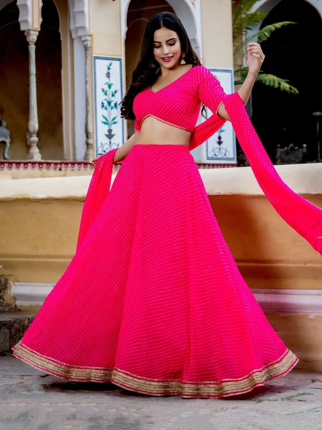 Rani Pink Georgette Leheriya Print Lehenga With Zari And Cording Lace Work | Ready To Wear - qivii