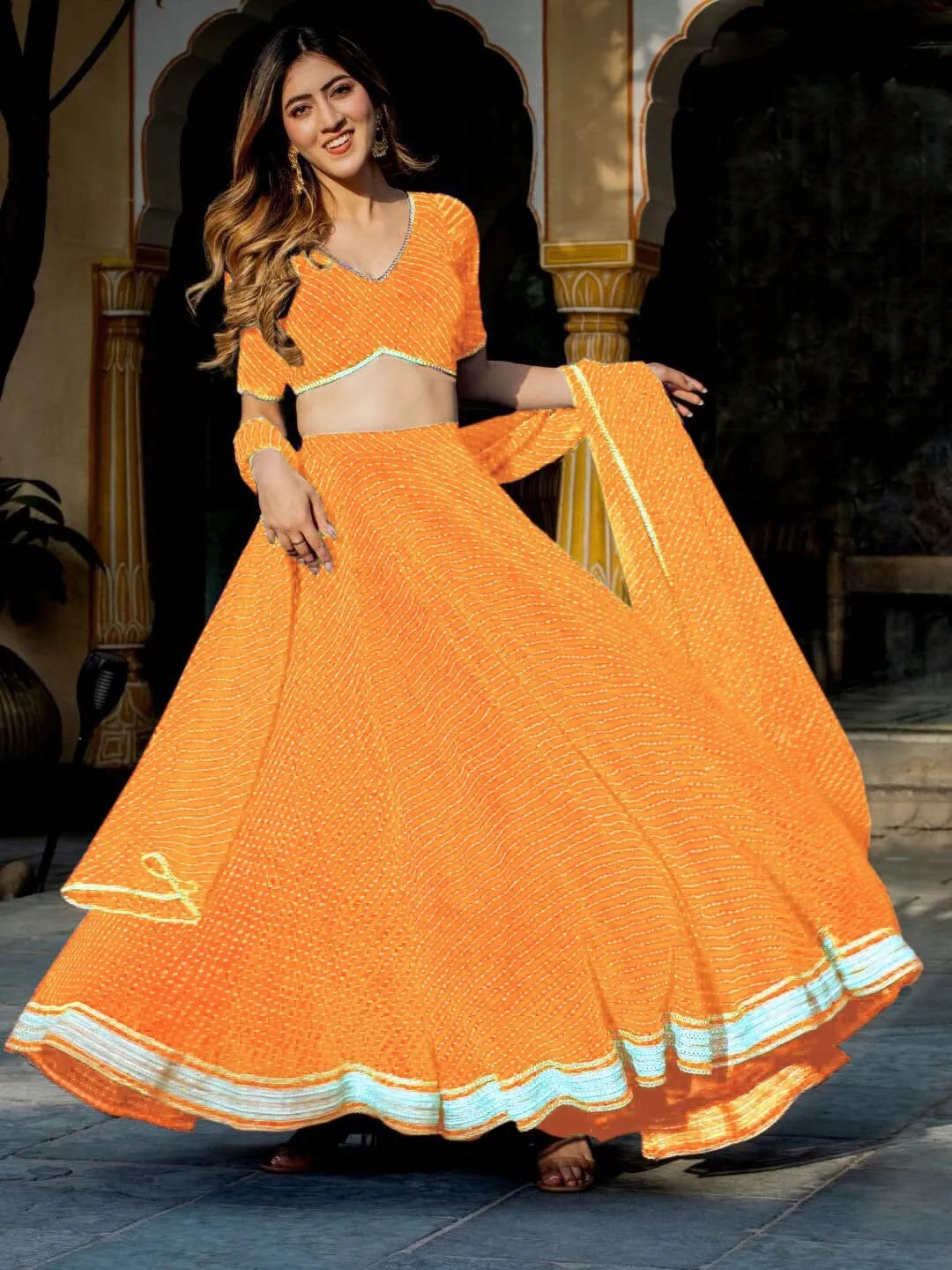 Stunning Yellow Georgette Leheriya Print Lehenga With Zari And Cording Lace Work | Ready To Wear - qivii