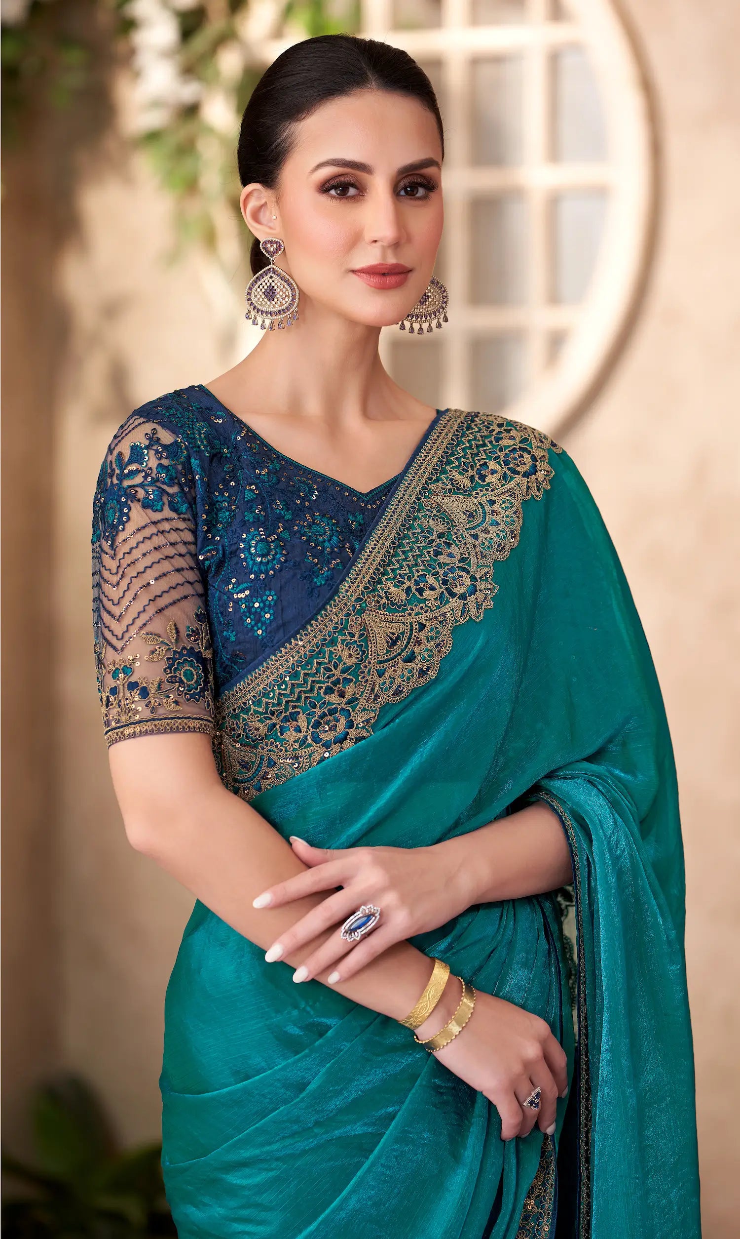 Peacock Blue Satin Georgette Embroidery Work Saree - qivii