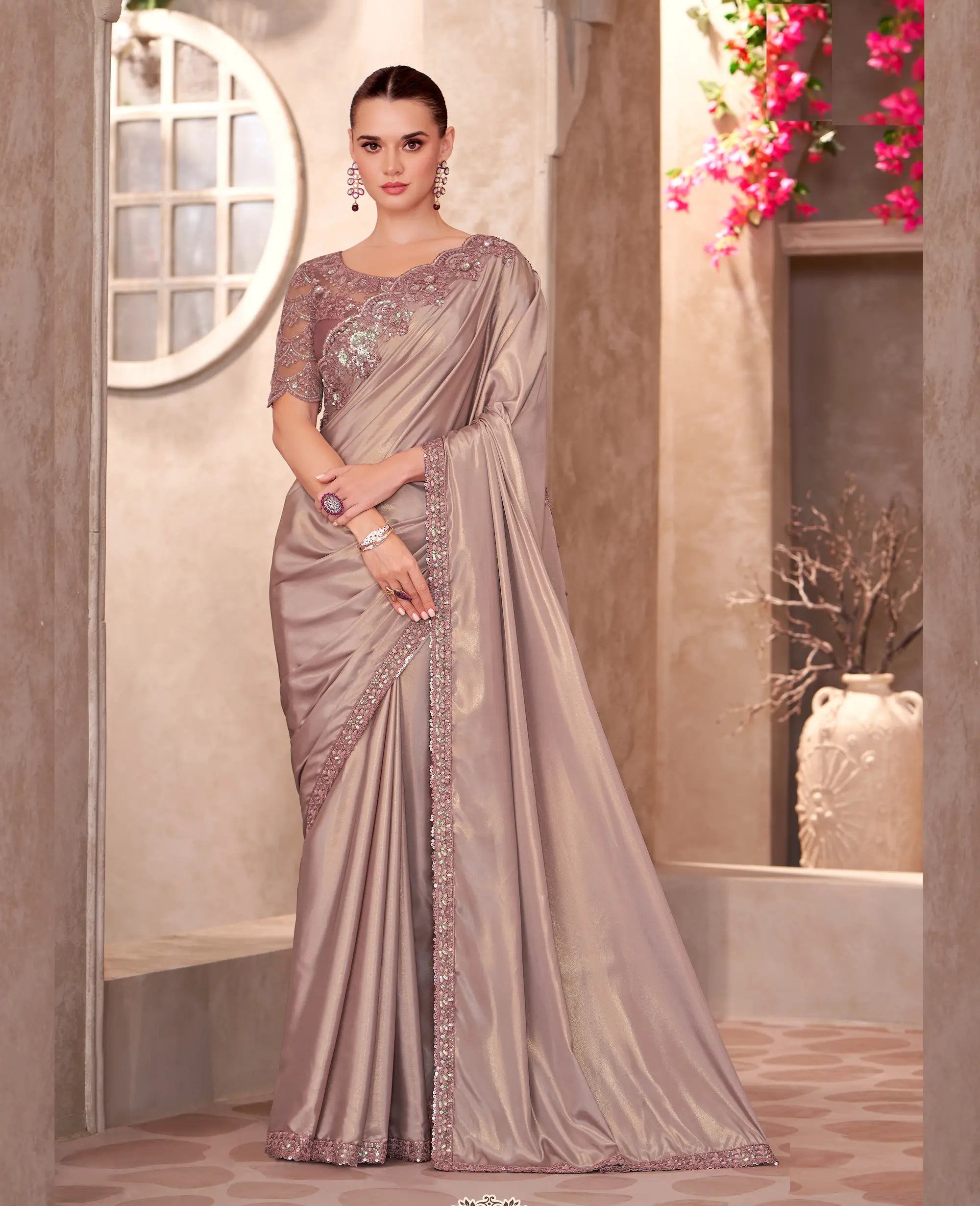 Shiney Beige Shimmer Crepe Embroidery Work Saree - qivii
