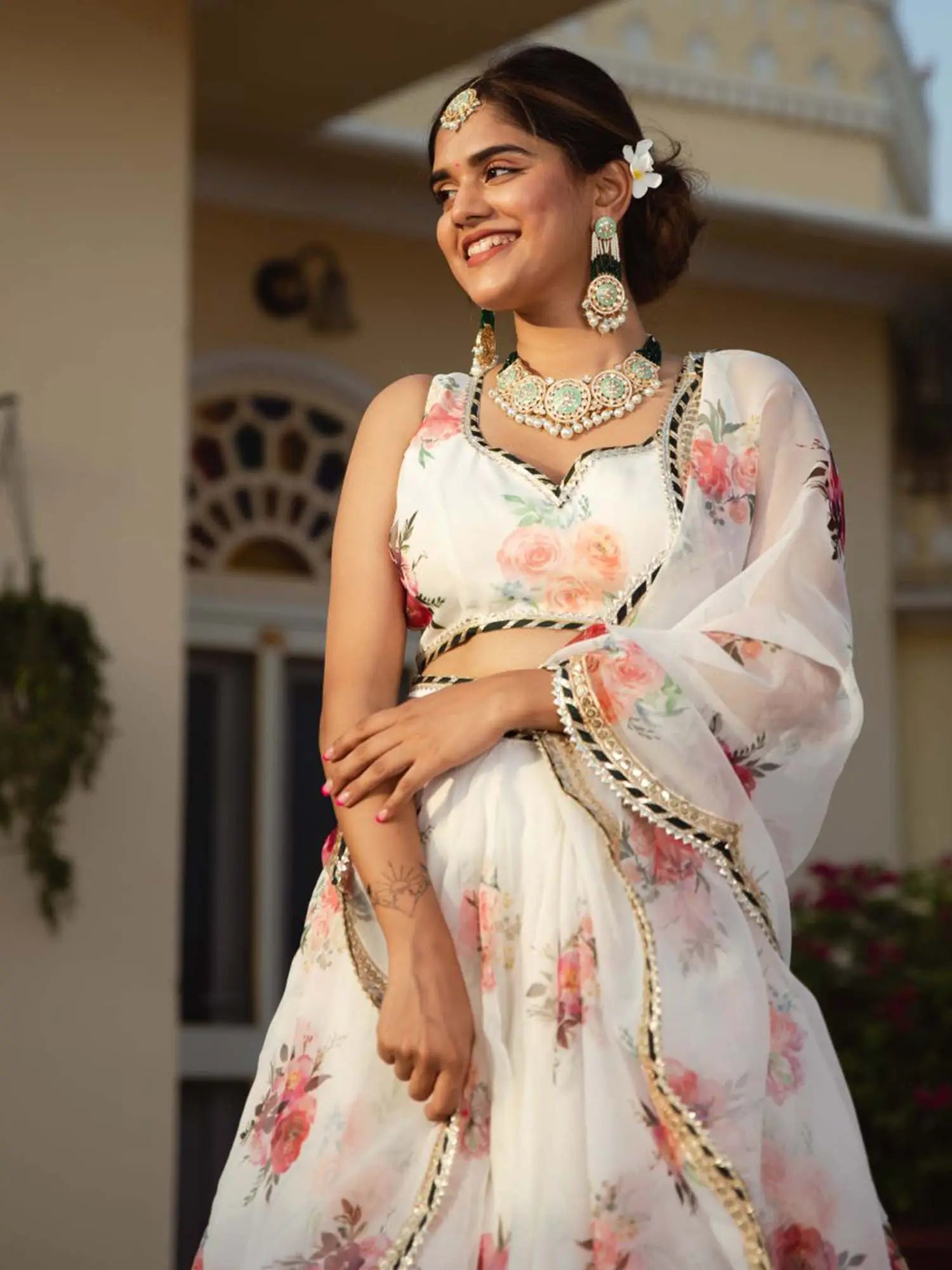 White Organza Lehenga With Floral Digital Print And Embroidery Work | Ready To Wear - qivii