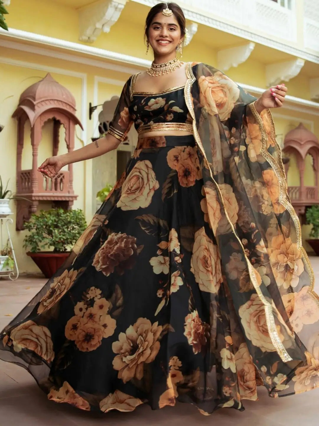 Black Floral Print Organza Lehenga With Gota Patti Work | Ready To Wear - qivii
