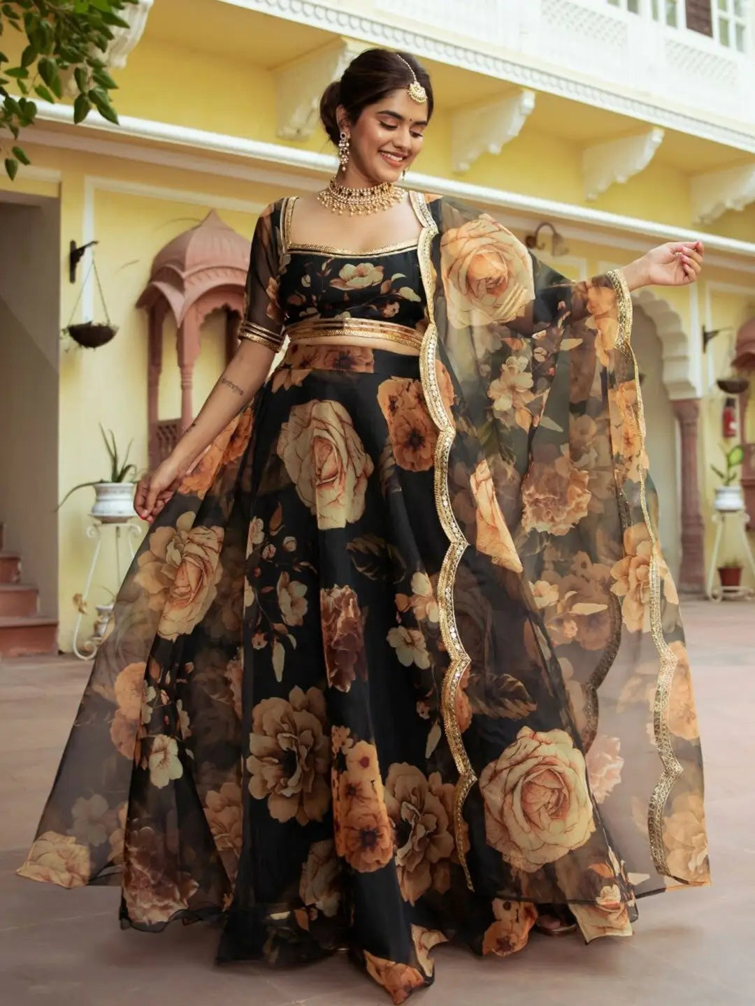 Black Floral Print Organza Lehenga With Gota Patti Work | Ready To Wear - qivii