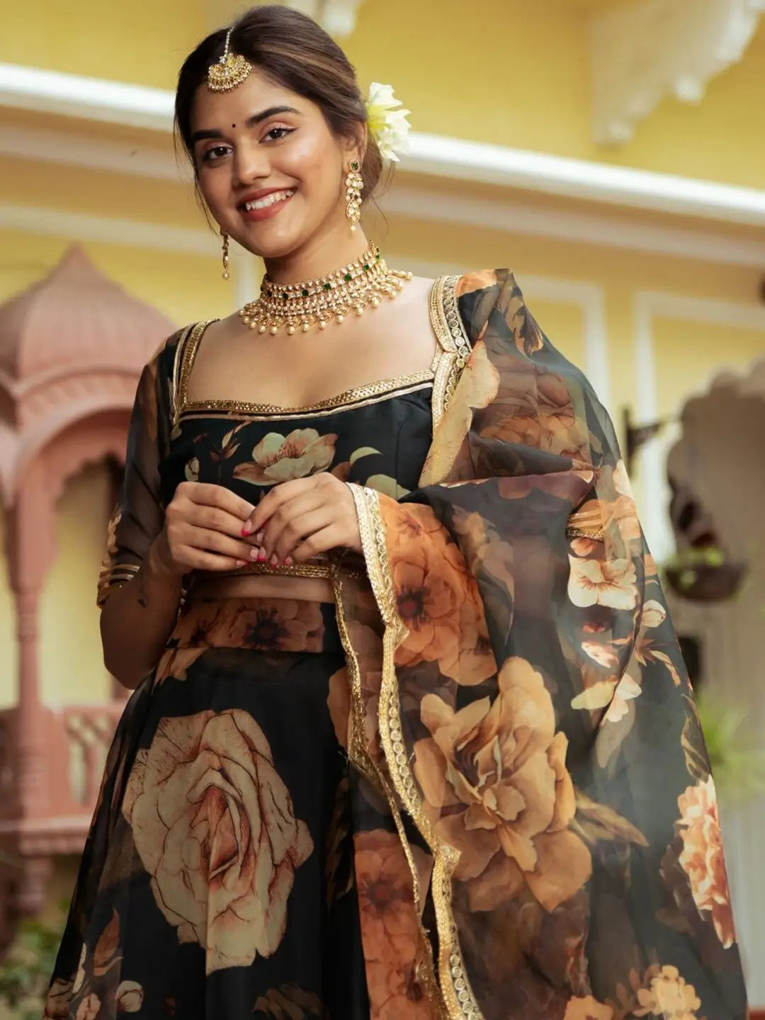 Black Floral Print Organza Lehenga With Gota Patti Work | Ready To Wear - qivii