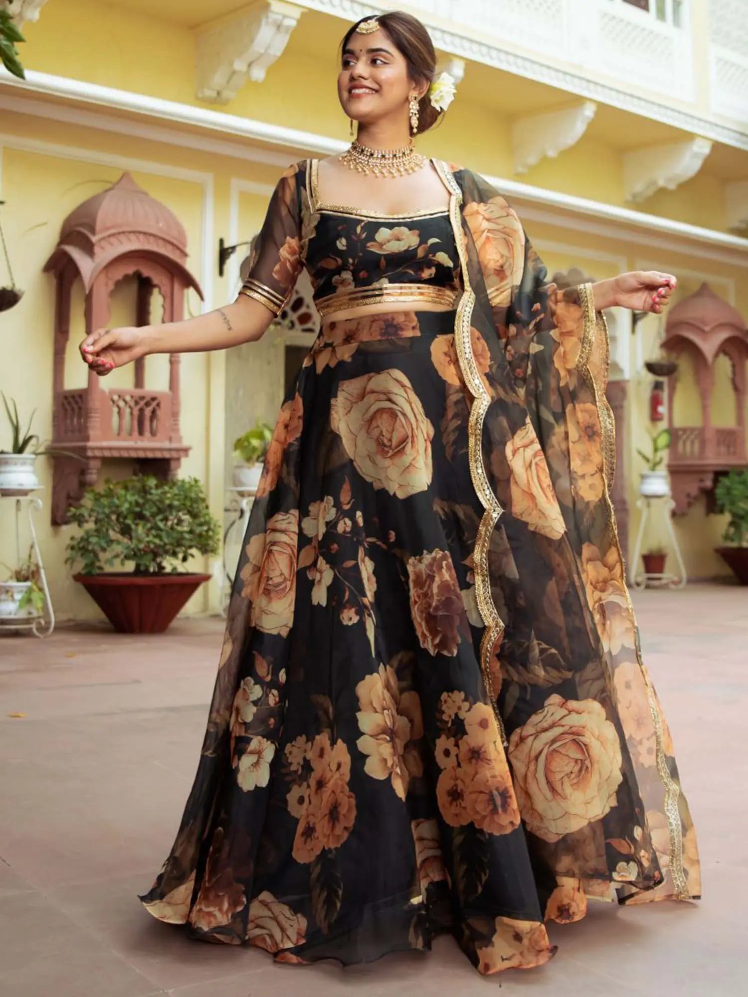 Black Floral Print Organza Lehenga With Gota Patti Work | Ready To Wear - qivii