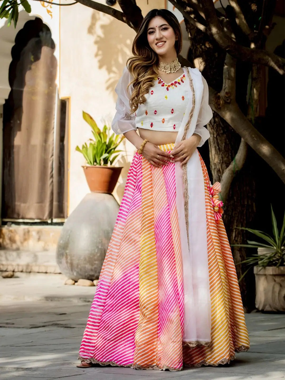 Multi color Organza Lehenga Digital Print With Pearl And Real Mirror Work Blouse | Ready To Wear - qivii
