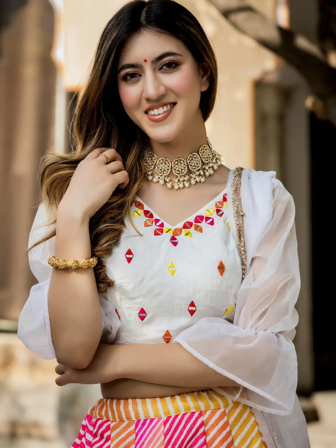 Multi color Organza Lehenga Digital Print With Pearl And Real Mirror Work Blouse | Ready To Wear - qivii