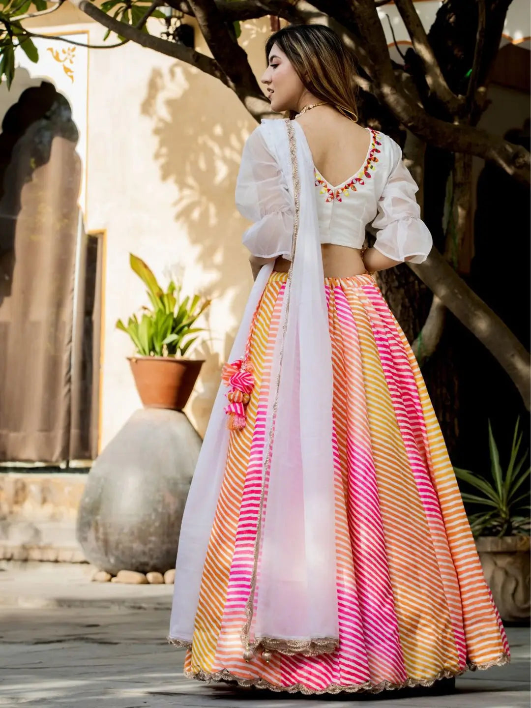 Multi color Organza Lehenga Digital Print With Pearl And Real Mirror Work Blouse | Ready To Wear - qivii