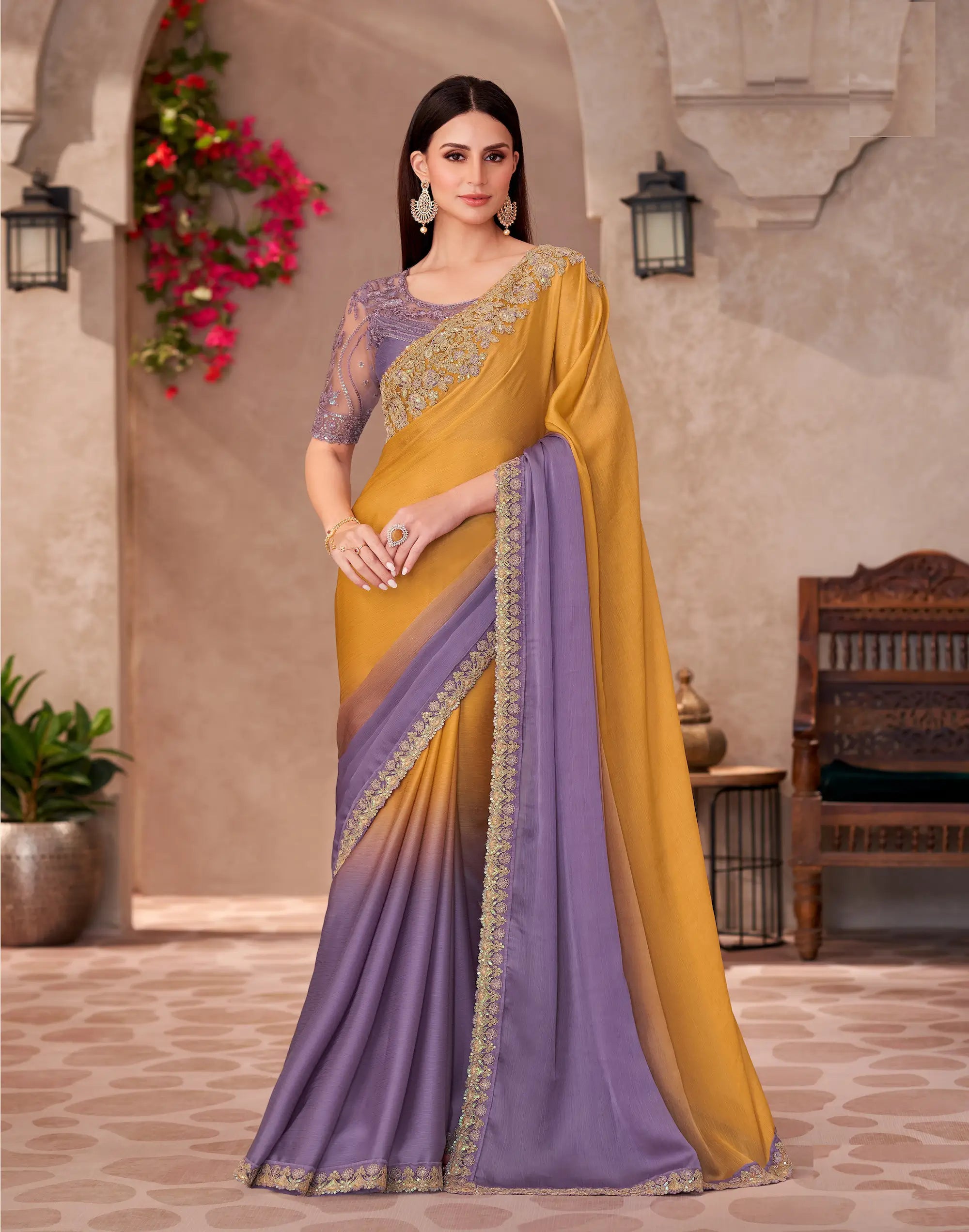 Honey Yellow-Lilac Shaded Chiffon Embroidery Work Saree - qivii