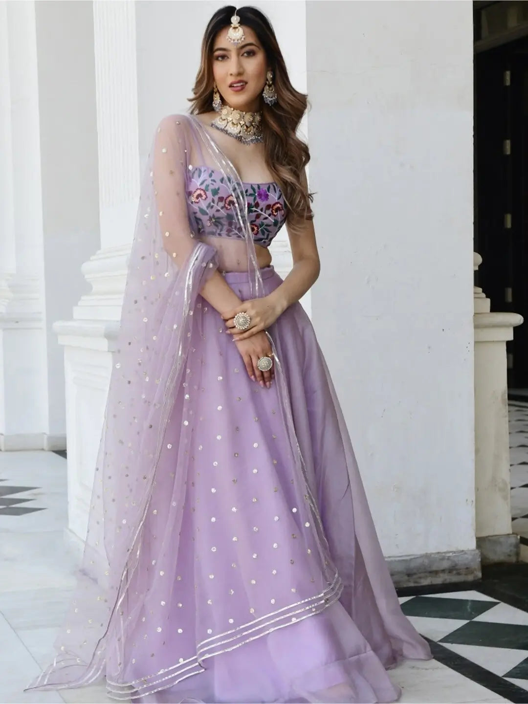 Lavender Organza Net Lehenga With Gota Patti Work With Resham Sequins Embroidery Work | Ready To Wear - qivii
