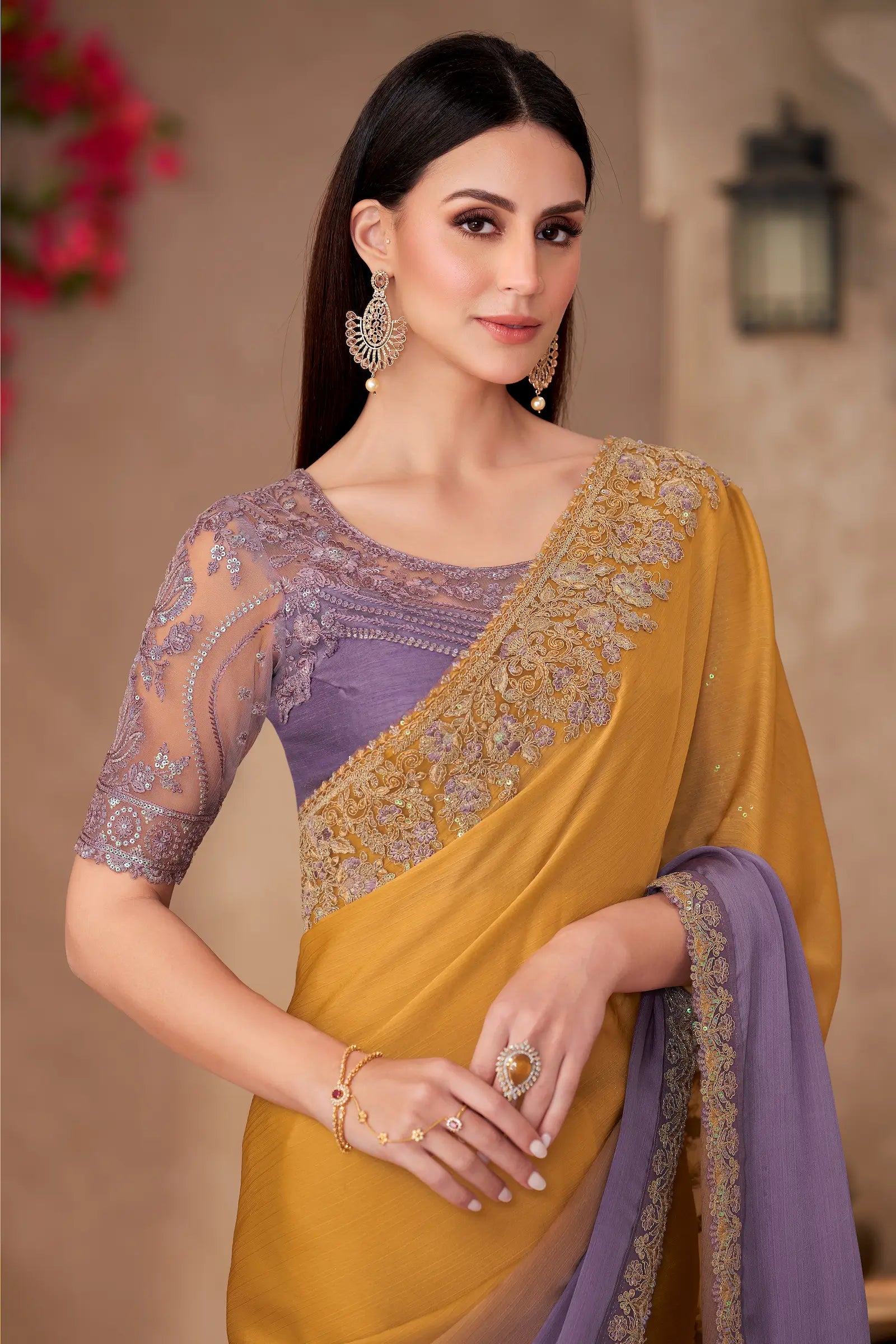 Honey Yellow-Lilac Shaded Chiffon Embroidery Work Saree - qivii