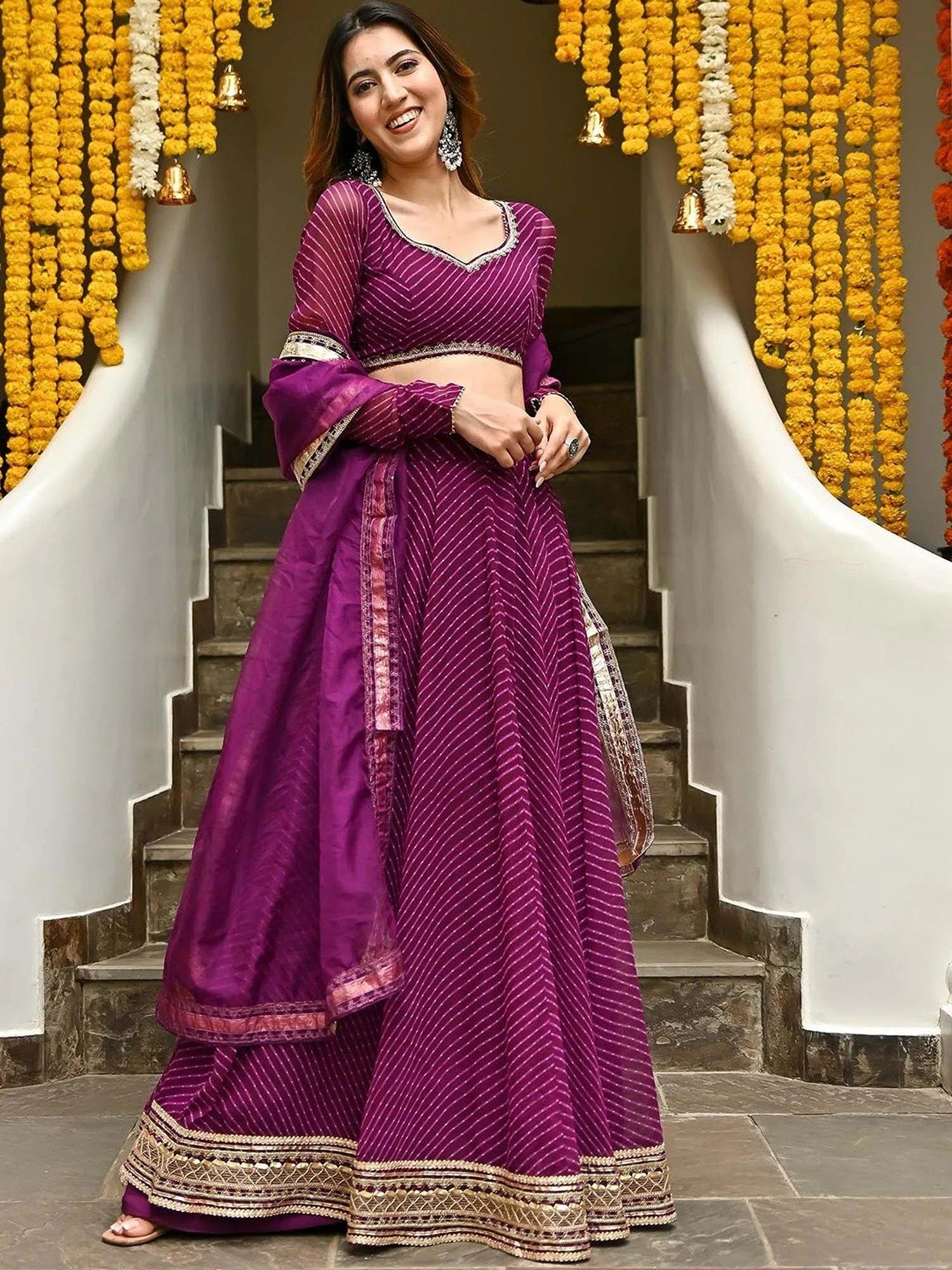 Wine colored Georgette Leheriya Print Lehenga With Zari And Cording Lace Work | Ready To Wear - qivii