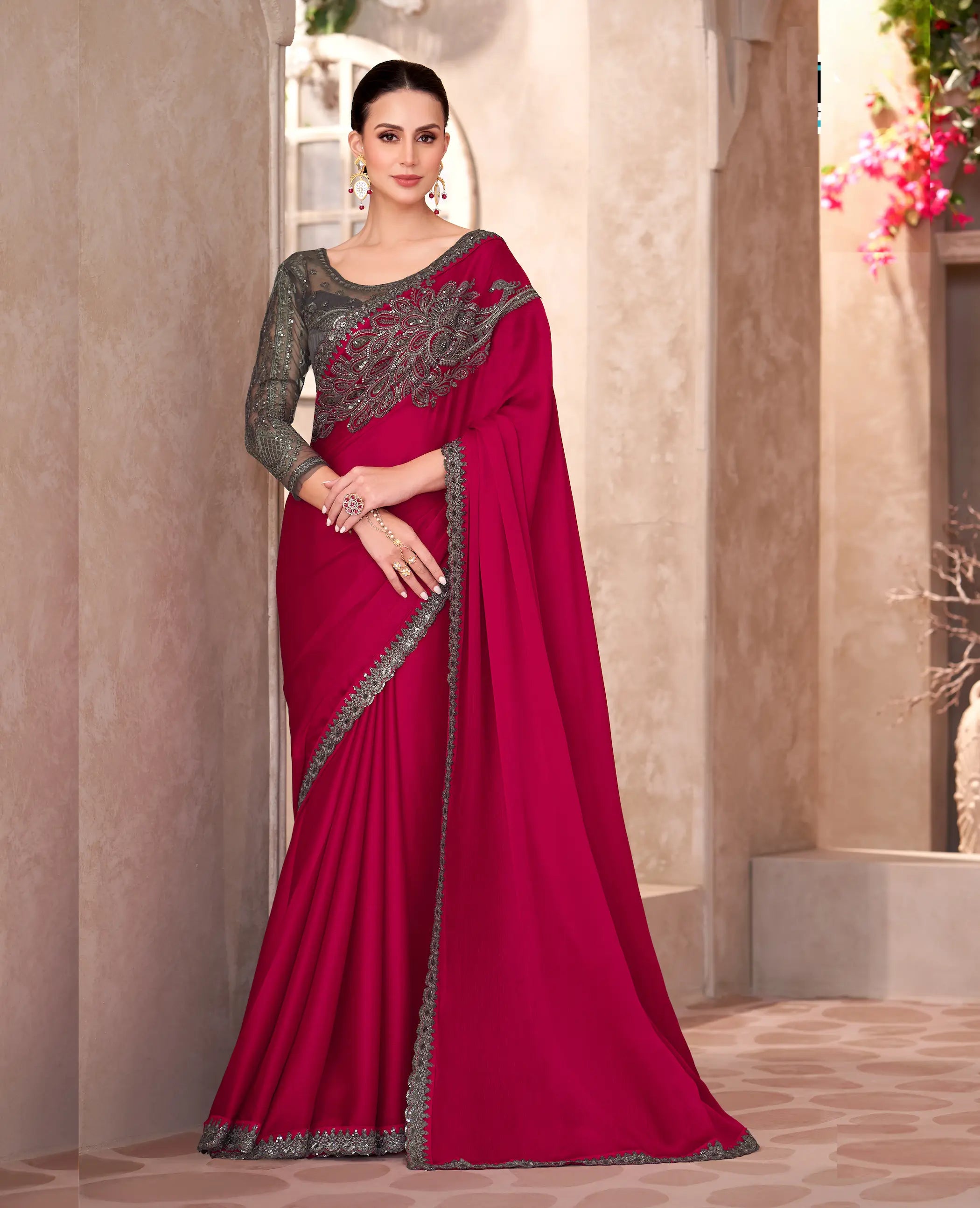 Rose Red Chiffon Embroidery Work Saree - qivii