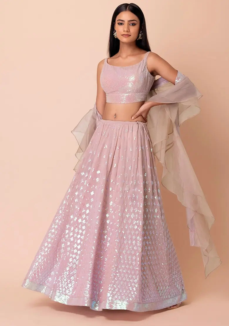 Mauve Pink Party Wear Lehenga With Sequins Work with Ruffle Dupatta - qivii