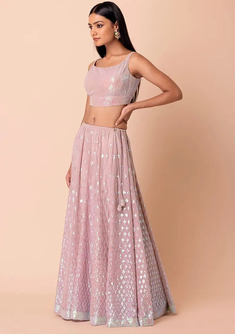 Mauve Pink Party Wear Lehenga With Sequins Work with Ruffle Dupatta - qivii