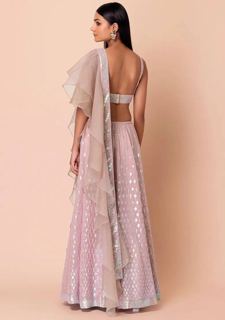 Mauve Pink Party Wear Lehenga With Sequins Work with Ruffle Dupatta - qivii