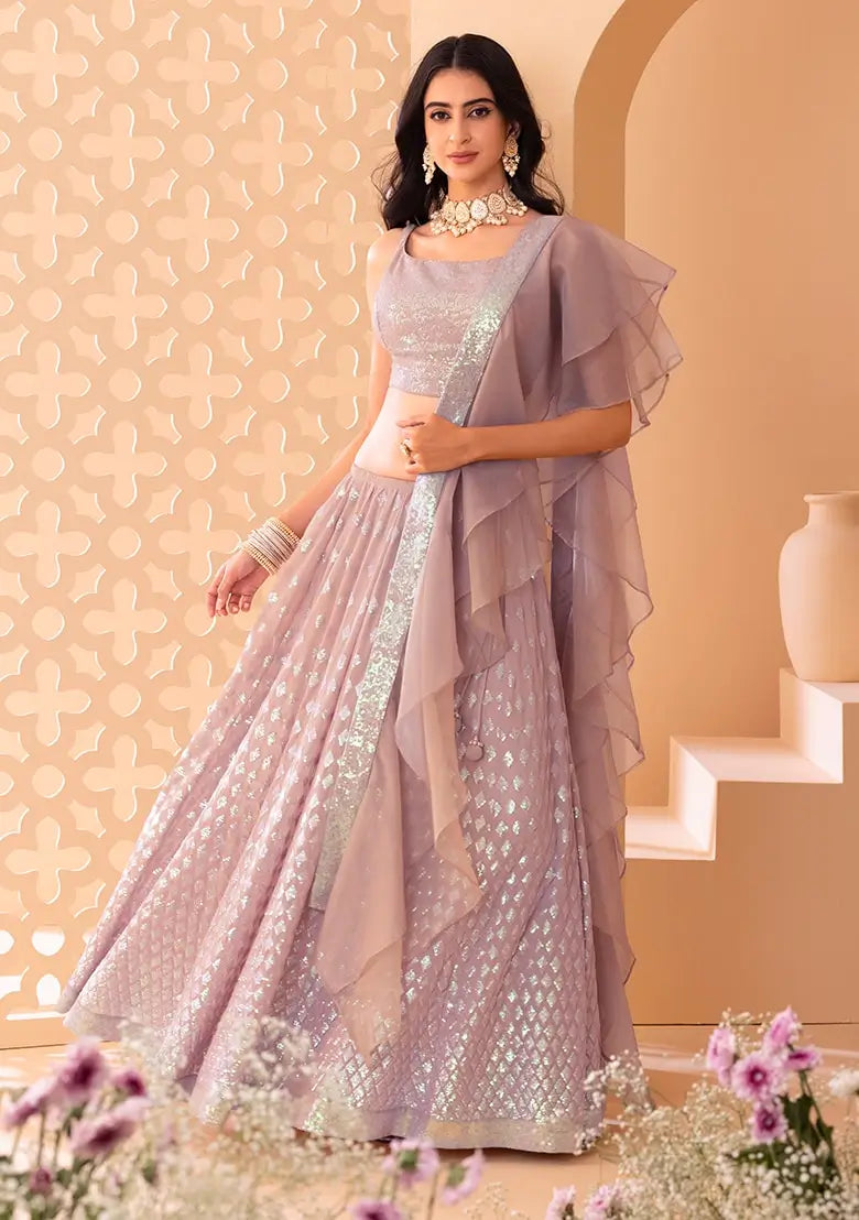 Mauve Pink Party Wear Lehenga With Sequins Work with Ruffle Dupatta - qivii