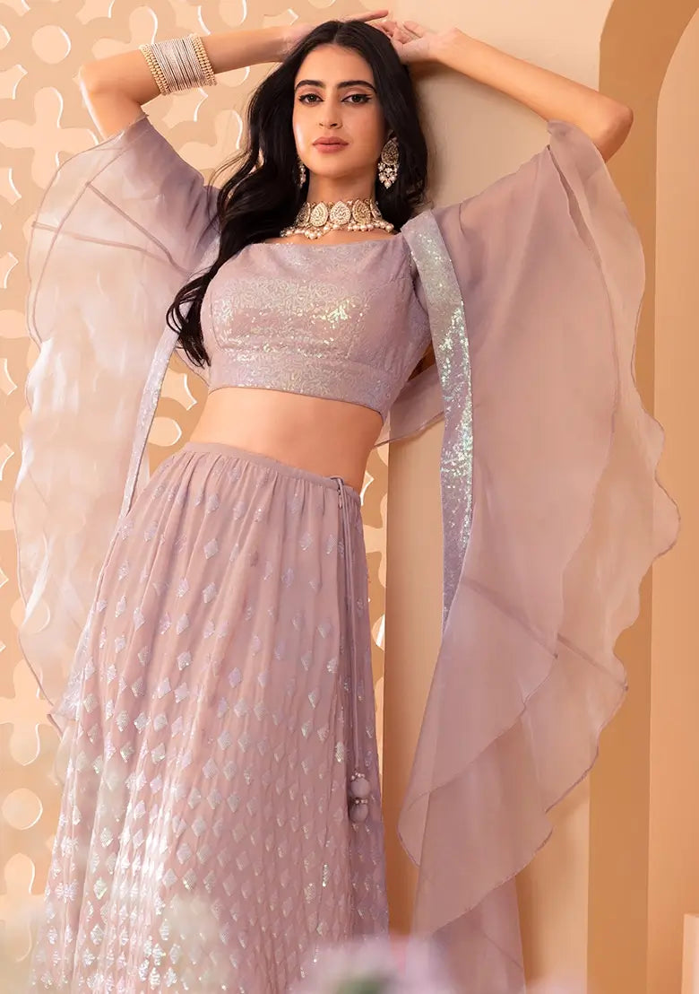 Mauve Pink Party Wear Lehenga With Sequins Work with Ruffle Dupatta - qivii