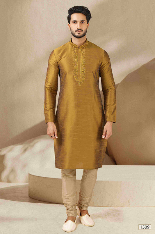 Men's Banarasi Art Silk Mirror Work Kurta Pajama In Gold Colour
