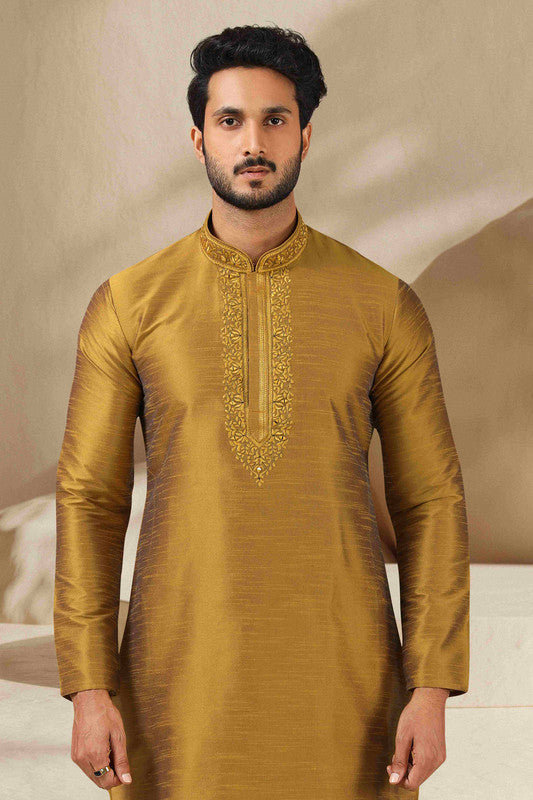 Men's Banarasi Art Silk Mirror Work Kurta Pajama In Gold Colour