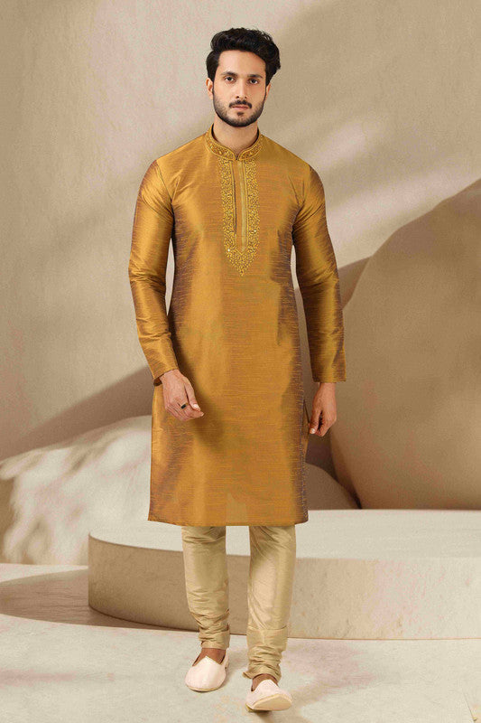 Men's Banarasi Art Silk Mirror Work Kurta Pajama In Gold Colour