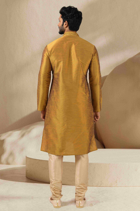 Men's Banarasi Art Silk Mirror Work Kurta Pajama In Gold Colour