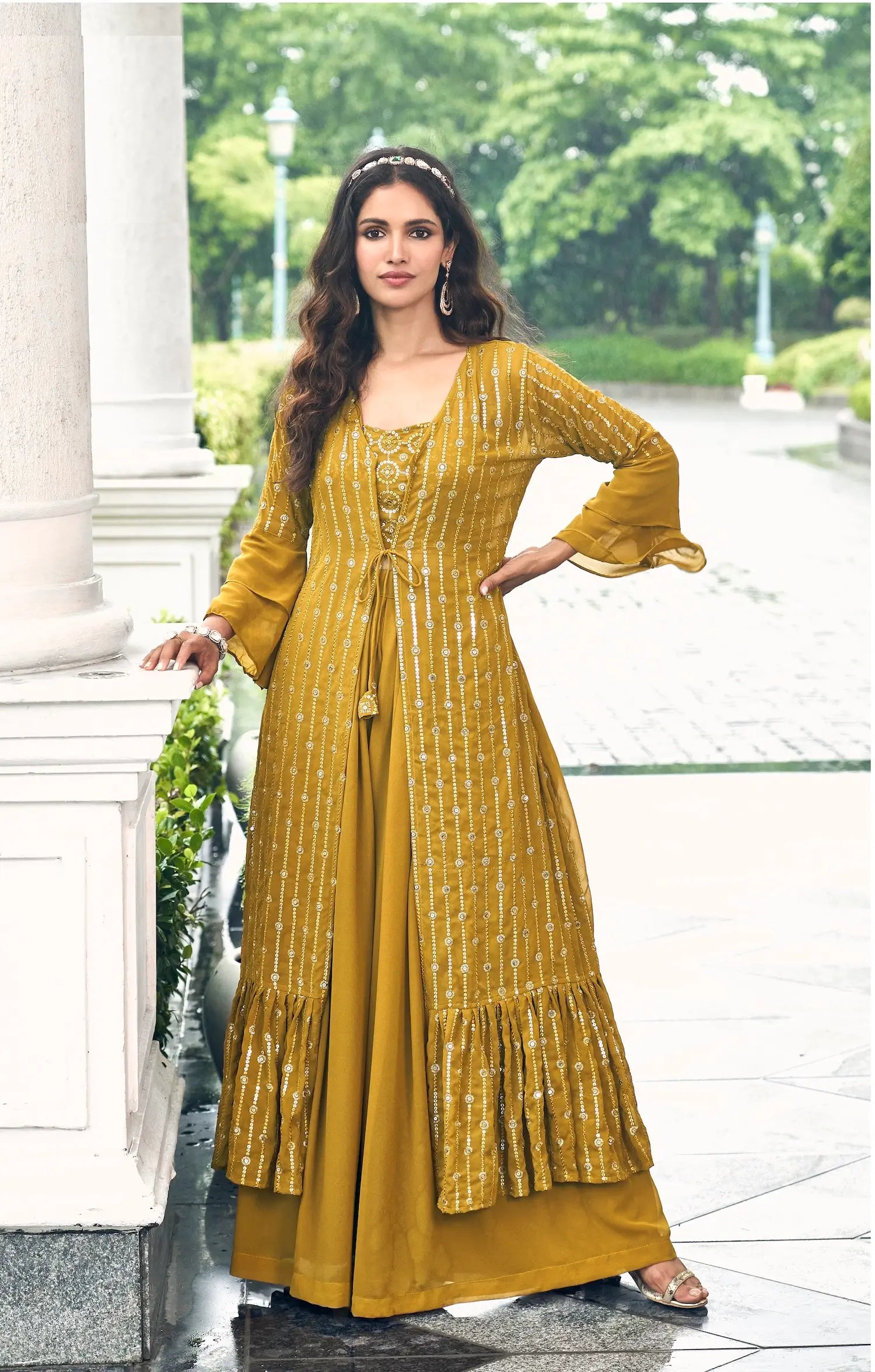 Yellow Georgette Indo western Set With Thread & Sequence Embroidery Work | Ready To Wear - qivii