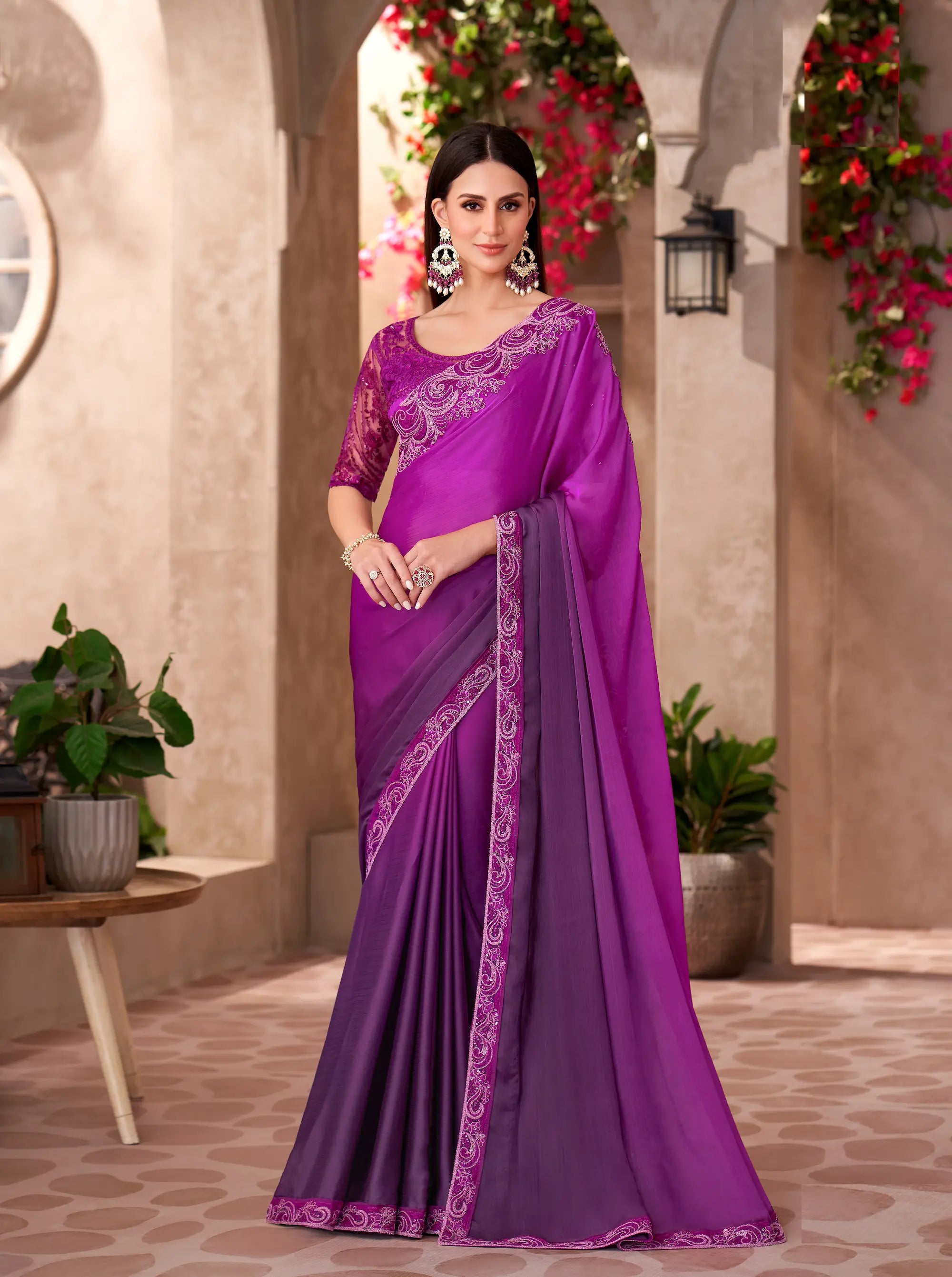 Magenta Pink-Purple Shaded Chiffon Embroidery Work Saree - qivii