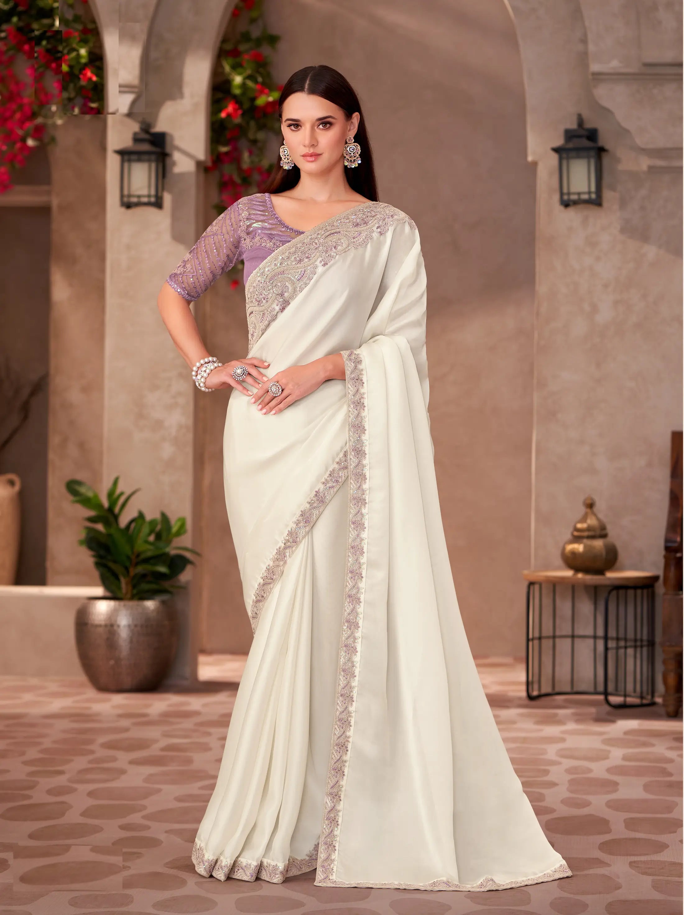 Pearl White Shiney Georgette Embroidery Work Saree - qivii