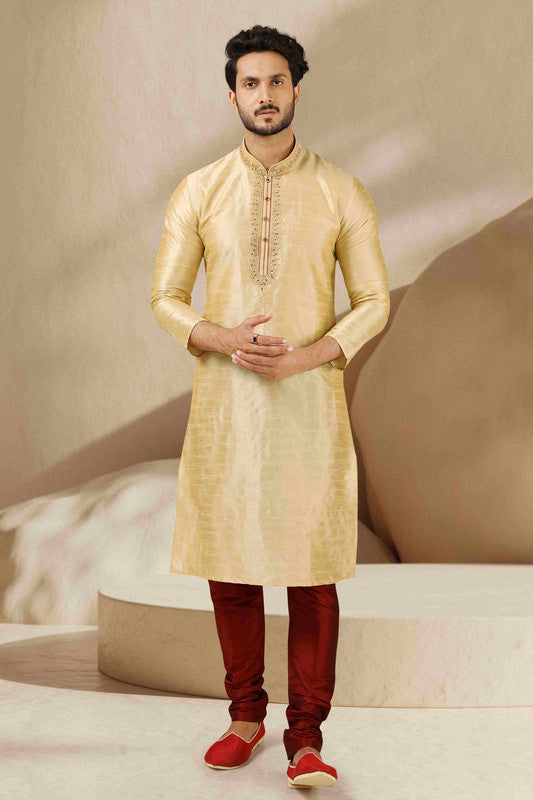 Men's Banarasi Art Silk Mirror Work Kurta Pajama In Beige Gold Colour