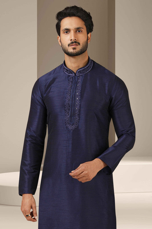 Men's Banarasi Art Silk Mirror Work Kurta Pajama In Navy Blue Colour