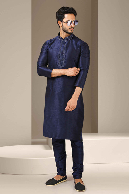 Men's Banarasi Art Silk Mirror Work Kurta Pajama In Navy Blue Colour
