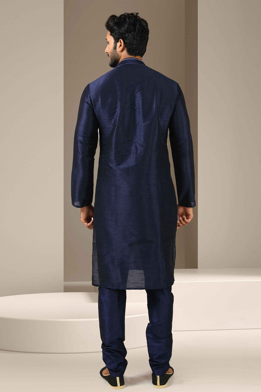Men's Banarasi Art Silk Mirror Work Kurta Pajama In Navy Blue Colour